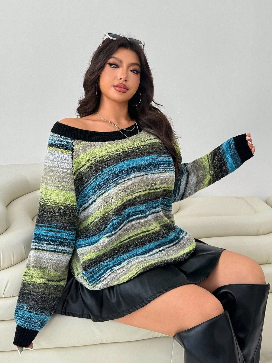 Solflare Plus Size Women Casual/Work Raglan Sleeve Colorblock Striped Pattern Pullover Sweater, Autumn/Winter Fall