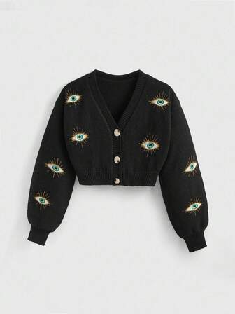 Cardigan style hippie Y2K pour femmes grandes tailles avec Top tricoté brodé à l'œil
