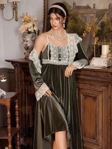 PalaceNights Vintage Palace Embroidered Trim Wide Strap Women's Cami Nightgown And Robe 2 Pieces Set, Fall & Winter Clothes - Dark Green - View 7