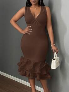 Slaydiva Elegant Bodycon Deep V-Neck Ruffle Hem Dress - E - Brown - View 4