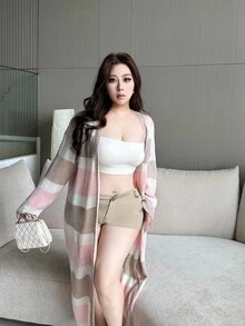Flirla Plus Size Color Block Striped Mid-Length Cardigan, New Autumn/Winter Design Fall - Pink - View 8