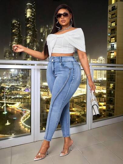 Slaydiva 大码女式弹力水洗浅蓝色高腰紧身牛仔裤，适合老款派对秋季