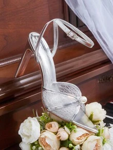 CUCCOO HITCHD Silver Metal PU Mesh Splice Faux Pearl Decor Strap Pointed Toe Elegant High Heel Party Sandals Elegant Shoes Wedding Shoes - Silver - View 13