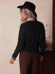 Cardigan casual feminino com lantejoulas e cor sólida, LanaWest - Preto - Ver 2