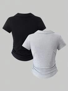 2pcs/Set Elegant Casual All-Match Solid Color Knit Long Sleeve Fitted T-Shirt Combo Pack, Versatile & Easy To Match For Teenage Girls - Multicolor - View 2