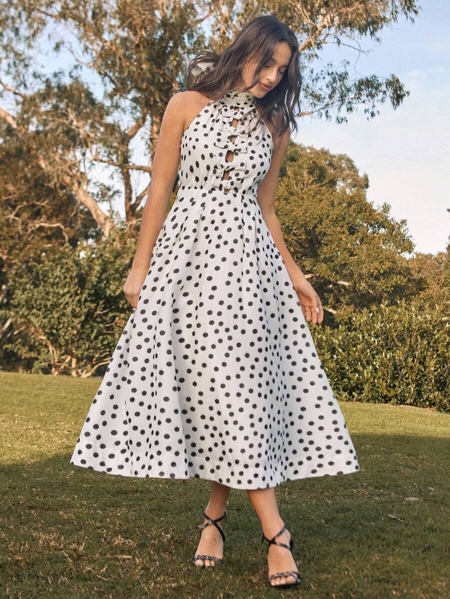 SHEIN Unity Elegant Romantic Polka Dot Sleeveless Stand Collar Bowknot Decor Hollow Waist Midi Dress, Off The Shoulder - White - View 1