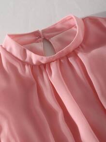 Tween Girls' Elegant Light Pink Summer Wedding Midi Dress,Stand Collar Flutter Sleeve Cinched Waist Asymmetric Hem Chiffon 3D Flower Decor Dress - Pink - View 4