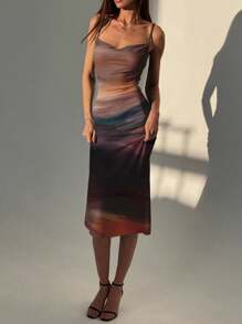 Aloruh Women's Elegant Tie-Dye Sleeveless Mid-Length Dress, Summer Chic Dress,Prom Dress - White - View 3