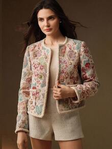 Anewsta Elegant Romantic Open Front Jacket, Woolen Fabric With Floral Embroidery, Pearl Decor, Braided Trim Design, Long Sleeve, For Women, Autumn/Winter