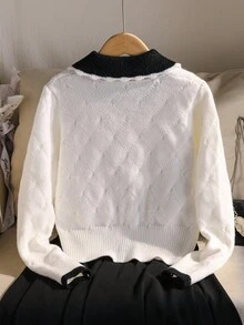 Niña preadolescente Estilo casual de escuela y transporte Suéter de punto de cuello polo de un solo botonadura con diseño argyle de color contrastante, otoño - Blanco - Ver 2