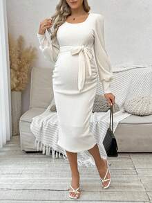 Cheriluna Maternity Umstandsmode Kleid aus Strick, langärmliges einfarbiges Kleid, elastisches Material, Herbst/Winter - Aprikosenfarben - Übersicht 4