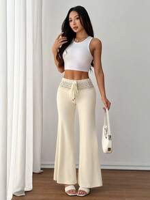 SHEIN PETITE 女式白色针织腰带配串珠抽绳直筒宽松休闲度假裤 - 杏色 - 查看 7