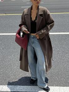 DAZY Women's Solid Color Drop Shoulder Long Sleeve Double-Breasted Casual Overcoat - Dark Grey - View 6