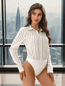 SHEIN Clasi Body de manga larga con cuello de encaje a contraste y rayas elegante para mujer, adecuado para el uso diario y múltiples ocasiones - Multicolor - Ver 4