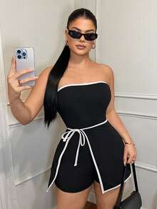 SHEIN SXY 休闲商务拼色绑带裹身式连体裤