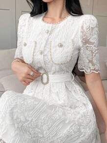 DAZY Đầm dài nữ thanh lịch thắt dây thêu họa tiết, mềm mại, lãng mạn kiểu Hàn Quốc, trẻ trung, thích hợp cho mùa hè. - trắng - Xem 4