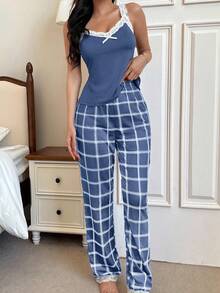 SHEIN Bộ đồ ngủ nữ ren chắp vá màu tương phản & quần in họa tiết kẻ caro - Màu xanh lam - Xem 5