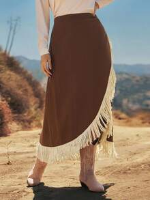 SHEIN VCAY Gonna avvolgente casual vintage con decorazione a nappine, taglie comode - Castano - Visualizzare 5