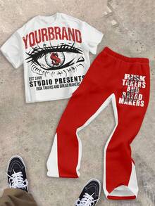 SHEIN Bộ 3 áo thun cổ tròn in hình mắt cá tính, in khẩu hiệu thời trang, in ký hiệu đô la và quần ống loe cho bé trai, phù hợp cho mùa hè - Nhiều màu - Xem 2