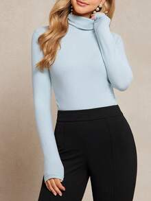 Amorya 女士优雅高领修身高品质羊绒混纺T恤，百搭日常上衣，女士长袖修身舒适上衣，长袖高领上衣，可爱上衣，可爱长袖上衣，女士长袖上衣，秋季女士长袖上衣，女士高领上衣，修身保暖上衣 - 藍色 - 查看 3