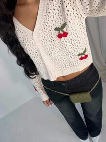 Glamine 女士樱桃图案镂空长袖单排扣休闲薄款开衫 - 杏色 - 查看 2