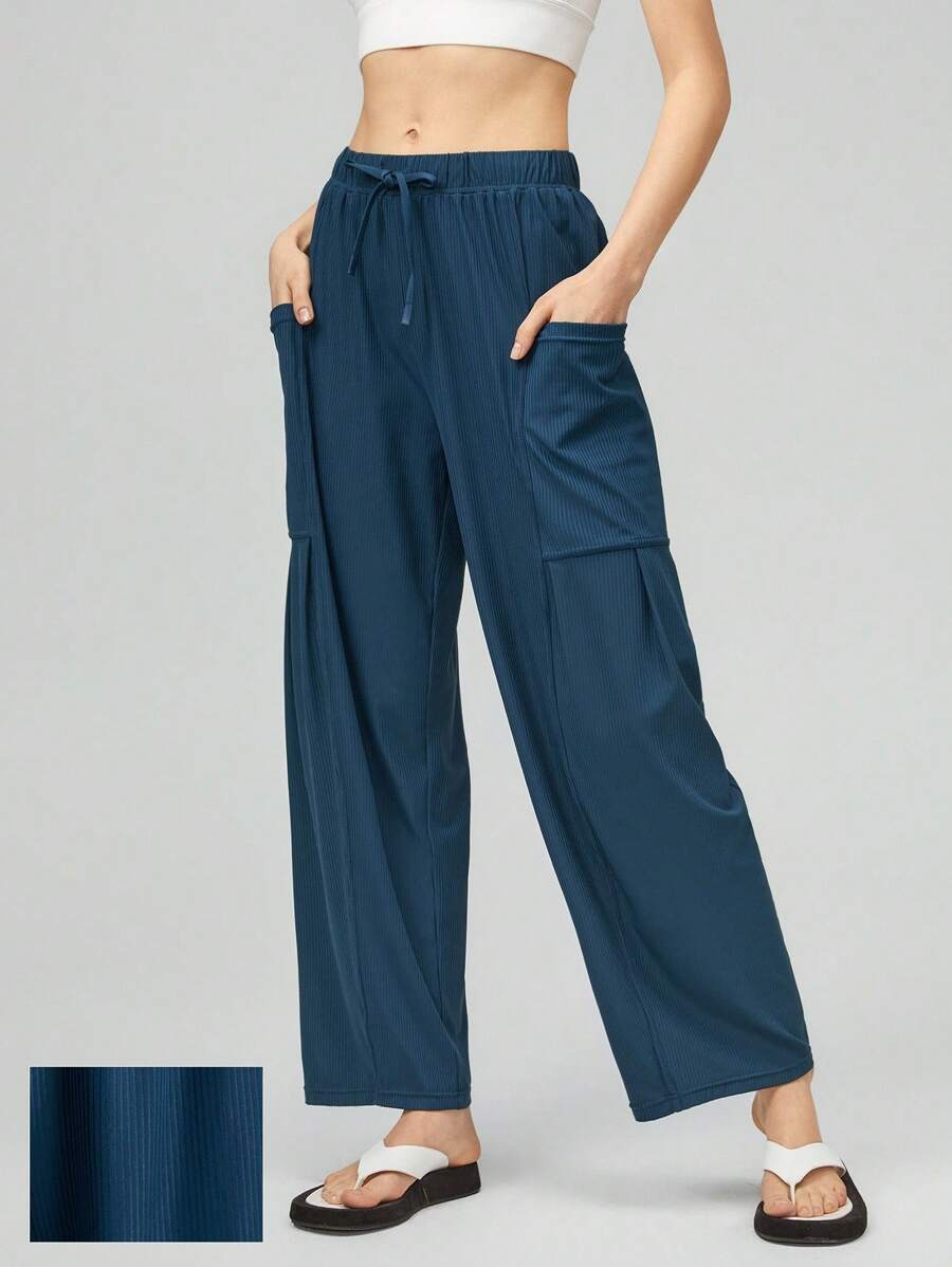 GLOWMODE Ribbed Drawstring Pockets Flowy Wide-Leg Pants Daily Casual Summer Cool Feeling - Navy Blue - View 1