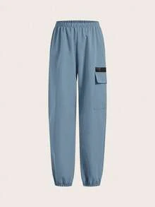 SHEIN 2 件套青少年男童休闲宽松纯色工装裤，带口袋，宽松版型梭织慢跑裤，2 种款式 - 霧霾藍 - 查看 8