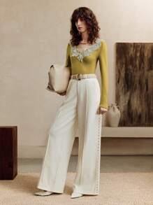 SHEIN LUNE Women's High-Waisted Wide-Leg Hollow-Out Lace Trims Pants, Casual And Versatile, Perfect For Everyday Commuting.Fall, White, And Baggy Pants. - White - View 4