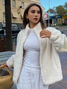 DAZY 女士蓬松休闲街头宽松人造毛皮夹克女外套 - 米色 - 查看 5