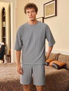 EverLounge 男士夏季简约纯色纹理面料短袖上衣和短裤睡衣套装 - 淺灰色 - 查看 4