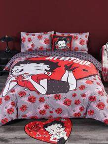 Betty Boop x SHEIN 3pcs Cartoon Character & Rose Floral Lip Kiss Print Reversible Bedding Set, Gifts,Suitable For Single Bed/Double Bed/Queen Bed/King Bed, Dormitory/Home,Gift Ideas,Party,Holiday,Valentine's Day - Multicolor - View 1