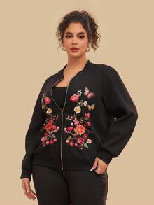 Travachic Jachetă de damă cu căptușeală termică, cu imprimeu floral boem, mărime plus, potrivită pentru toamnă și iarnă