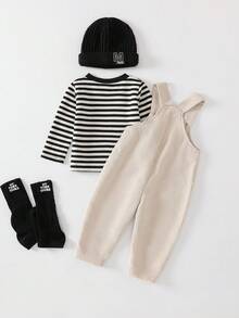 SHEIN Playful Pals 两件套男婴春秋季套装，黑白撞色条纹圆领卫衣搭配米色简约背带裤，适合外出、休闲、运动和聚会，舒适百搭，适合婴幼儿冬季穿着，男婴套装，男婴秋季套装，儿童/婴儿服装，男婴服装，婴儿休闲套装，男婴冬季套装，男婴冬季服装，6个月-3岁婴儿服装，中性婴儿秋季套装，男婴灯芯绒背带裤套装