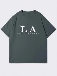 Manfinity Homme 男士夏季字母印花圆领短袖休闲百搭T恤洛杉矶T恤男士图案T恤洛杉矶T恤 - 灰色 - 查看 3