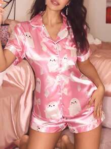 SweetSlumber INS 可爱万圣节幽灵蝴蝶结印花缎面前开睡衣套装女士 - 彩色 - 查看 4