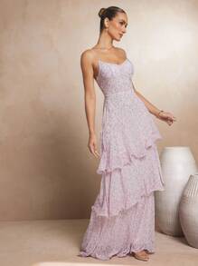 Women's Ditsy Floral Printed Triple Tier Maxi Dress Summer Birthday Wedding In PInk - Pink - View 4