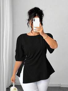 Elenzga Plus Size Women's Elegant Woven Short Sleeve Blue Beaded Decor Fitted Blouse - Black - View 4