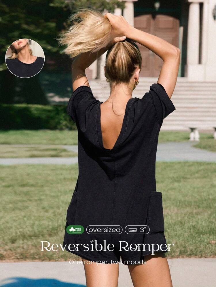 3" Washed Pima Cotton Free  Stretchy Lightweight Reversible Removable Drawstring Waist Pockets Romper Bodysuit Daily Casual Wear Spring Summer