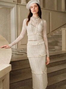 SHEIN Unity 女士优雅浪漫拼布流苏蝴蝶结装饰吊带背心和裙子两件套 - 杏色 - 查看 7