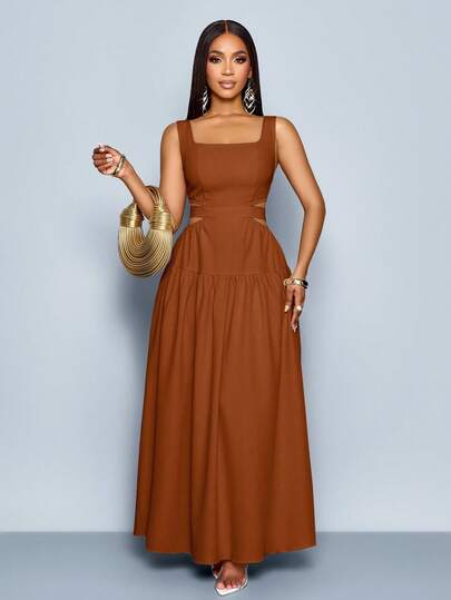 SOLERSUN Vestido elegante de mujer con cuello cuadrado, corte en la cintura, espalda con lazo y pliegues, estilo línea A, para Hawái, vestidos de verano para mujer, vestido para té, vestido largo blanco de graduación