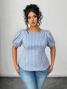 Elenzga Camisa casual ajustada a rayas para mujer de talla grande con diseño único de lazo en la espalda - Multicolor - Ver 5