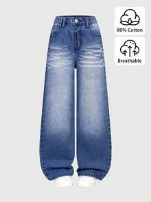 بنطلون جينز واسع الساق مهترئ بتصميم كاجوال رجعي مناسب للجنسين، لفتيات البدناء، باللون الأزرق - الأزرق - مشاهدة 4