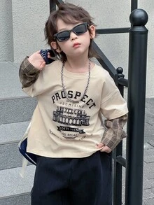 DAZY 幼儿男童宽松圆领T恤，格子袖字母印花，休闲秋季款 - 卡其色 - 查看 5