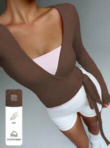 FavEase Suéter corto envolvente de yoga, fitness y deportes de color rosa, cárdigan de cuello en V de manga larga, elástico y suave, minimalista y elegante, una prenda básica de armario a juego para mujer, para primavera y otoño - Marrón - Ver 4