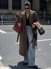 DAZY Women's Solid Color Drop Shoulder Long Sleeve Double-Breasted Casual Overcoat - Dark Grey - View 17