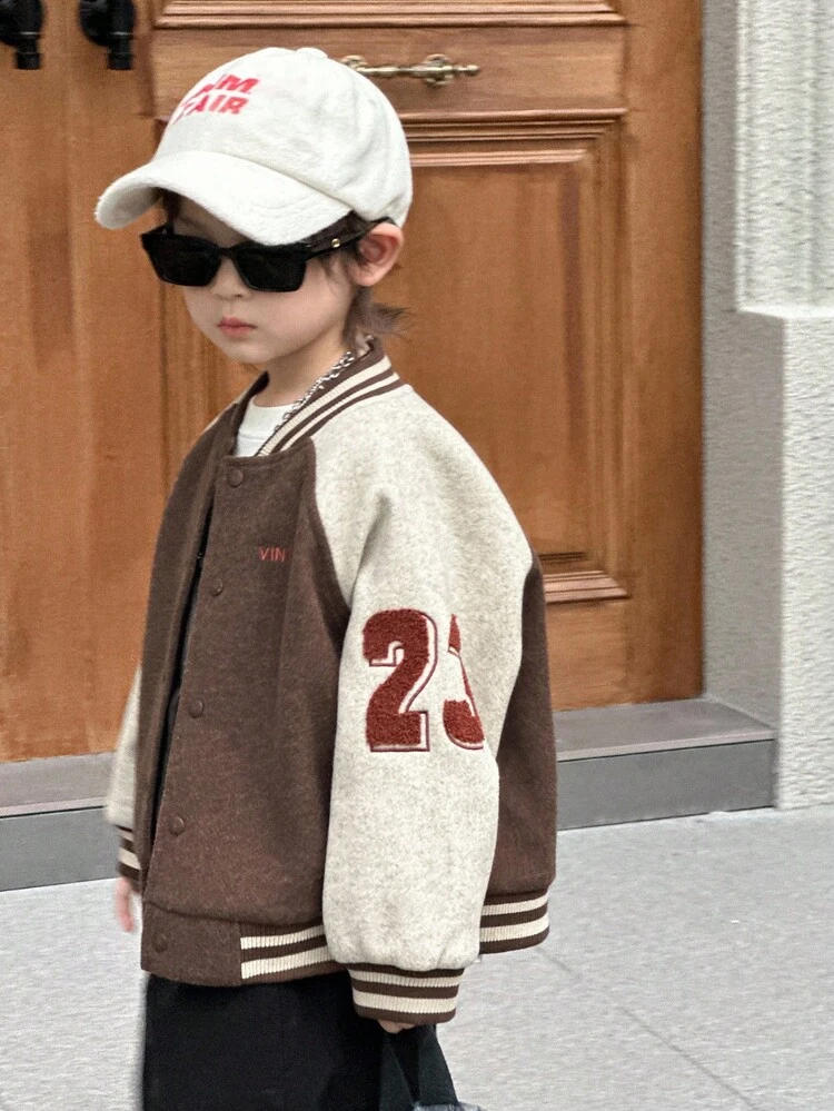Kids Boys Casual Loose Fit Jacket With Embroidered Letter, Street Style, Autumn