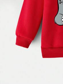 TOM & JERRY X SHEIN Young Boy Casual Cartoon Cat & Letter Print Hooded Sweatshirt, Autumn - Red - View 3