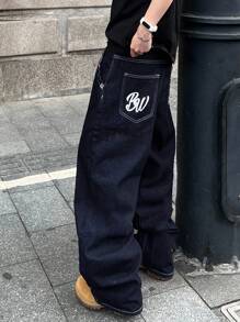 PAVTROS 男士时尚口袋印花宽松牛仔裤 - 深色水洗藍 - 查看 4