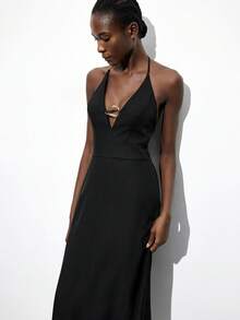 Maija 女式时尚纯色金属环连衣裙 - 黑色 - 查看 6