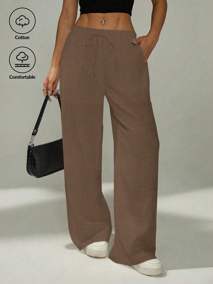 SHEIN PETITE 女式纯色口袋扭纹休闲阔腿裤 - 棕色 - 查看 1